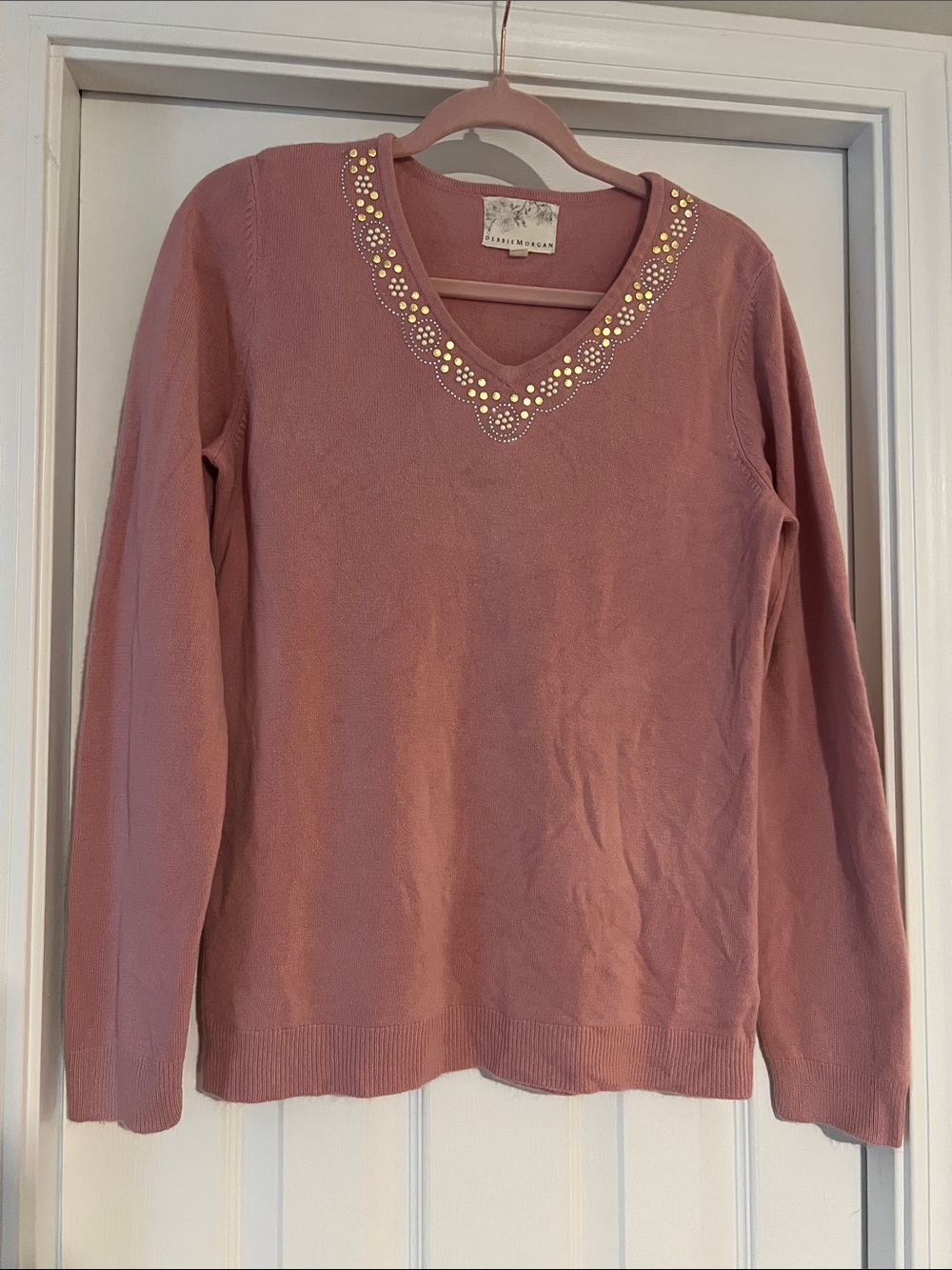 Debbie Morgan Dusty Rose V-Neck Sweater with Gold Stud Detail